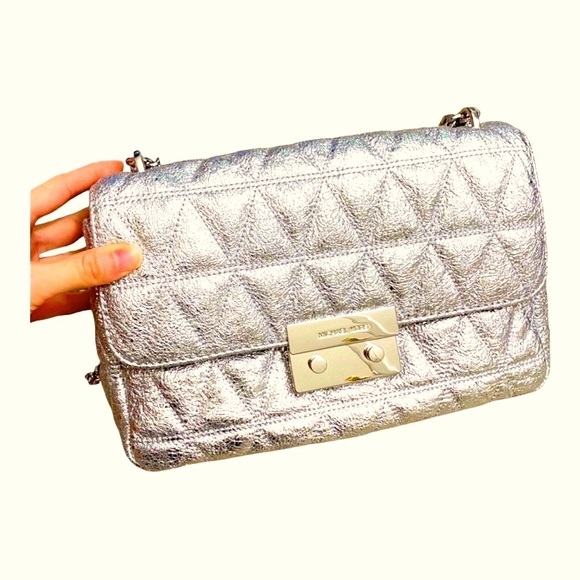 SOLD - Michael Kors Silver Quilted Leather Shoulder Bag w/Silver Hardware - Picture 7 of 13